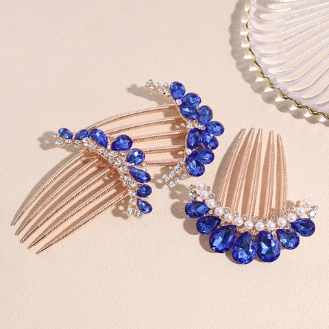 Eleganti Pettini Per Capelli In Lega Oro Rosa Con Strass Blu A Goccia D'acqua E Künstliche Perle Copricapo Floreale Vintage