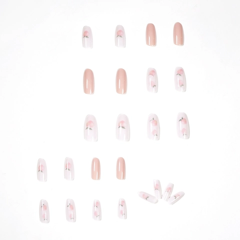 Plaknagels Lang Amandelvorm Glanzend Perzik Patroon Roze Nude Zoete Zomer Stijl Kunstnagels Voor Vrouwen
