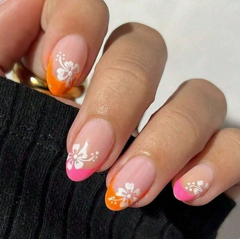 Press On Kunstnagels Frans Gradiënt Roze Oranje Witte Bloem Amandelvorm Kunstnagels Voor Vrouwen Zomer Stijl