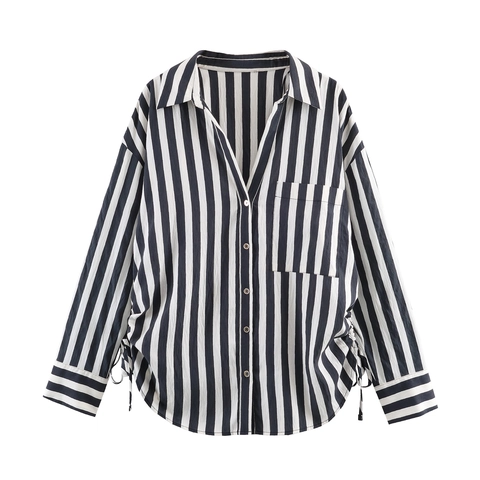 Dames Gestreepte Overhemd Met Lange Mouwen Polyester Casual Geplooid Trekkoord Aan De Zijkant Blouse Met Kraag