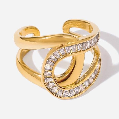 Intertwined Double Layer Ring Stainless Steel 18K Gold Plated Rectangle Zircon Inlaid Waterproof Hypoallergenic Luxury Women