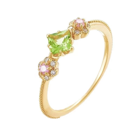 S925 Sterling Silver Gold Plated Peridot Ring Flower Square Green Gemstone Pink Zirconia Vintage Milgrain Rings For Women Jewelry