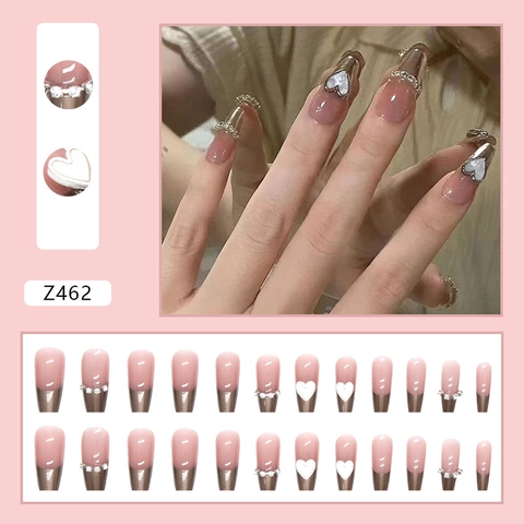 Unghie Finte Press On Coffin Lunghe Francesi Punta Argento Metallico Sfumatura Rosa Cuore 3D Strass Lusso Per Donna