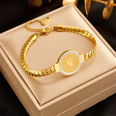 Vintage Vergoldetes Edelstahl Porträt Münz Armband Mit Strass Halo Retro Panzerkette Schmuck Für Damen