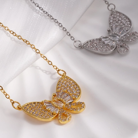 Elegante Kupfer Schmetterling Anhänger Halskette Für Damen Mikro Eingelegtes Zirkonia Luxus Galvanisierte O-Kette Schmuck Geschenk