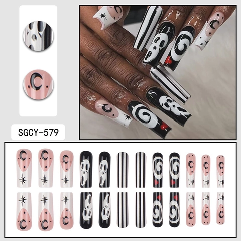 Unghie Finte Halloween Forma Bara Lunga Unghie Artificiali Con Faccia Da Fantasma A Strisce Rosa Nero Bianco Design