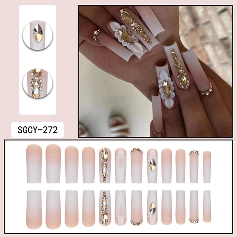Press On Nails Long Square Coffin Ombre Pink White Matte Luxury 3D Flower Rhinestones Elegant Fake Nails For Women