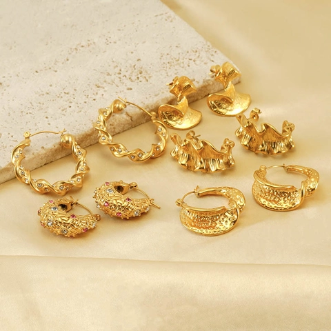 Stainless Steel Earrings 18K Gold Plated Hammered Texture Geometric CZ Inlaid C Shaped French Retro Jewelry For Women
