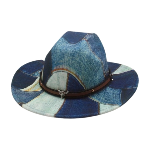 Vintage Western Cowboy Hat Wide Brim Denim Patchwork Print Fedora With Faux Leather Band Metal Rivets Bull Skull Pendant