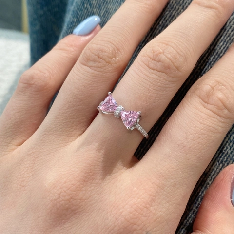Pink Cubic Zirconia Ring 925 Sterling Silver Heart Bowknot Emerald Cut Sparkling Luxury Jewelry For Women Wedding Engagement