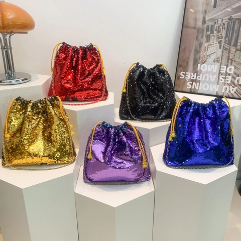 Glittery Sequin Bucket Bag For Women Fashion Drawstring Large Capacity Shoulder Handbag With Metal Chain Strap