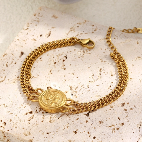 Retro Double Layer Chain Bracelet 18K Gold Plated Stainless Steel Portrait Coin Pendant Fashion Niche Women Jewelry