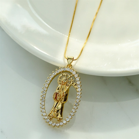 Collana Con Pendente Santa Muerte Rame Placcato Oro Zirconia Cubica Incastonata Ovale Religioso Gotico Punk Gioielli Donna