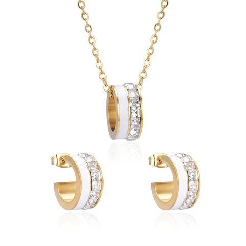 Collana E Orecchini A Forma Di C Acciaio Inossidabile Placcato Oro Zirconia Smalto Stile Business Per Donne