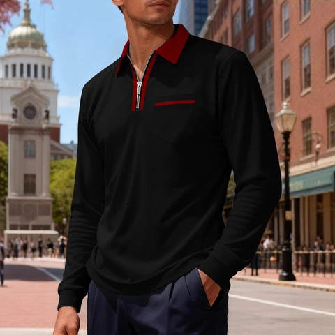 Mens Long Sleeve Polo Shirt Polyester Cotton Pique Knit Quarter Zipper Contrast Lapel Pocket Casual Business Top