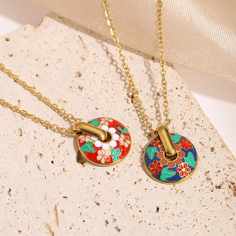 Collana Con Ciondolo A Disco Tondo Con Fiori In Smalto Acciaio Inossidabile Gioielli Floreali Eleganti Per Donna