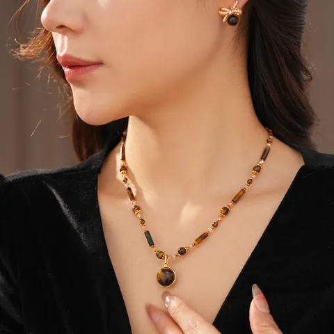 Vintage Tiger Eye Stone Necklace And Bow Zircon Earrings With Silver Earring Post Gold Plated Elegant Jewelry For Women