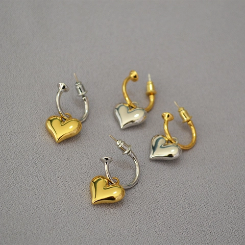 Boucles d'Oreilles Créoles Cœur en Laiton Couleur Contraste Avec Tige Argent Sterling 925 Élégantes Boucles d'Oreilles Cœur Or Argent
