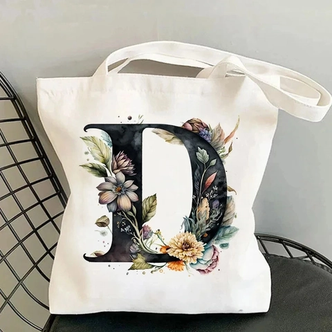 Canvas Tote Bag Floral Initial Letter Alphabet Shoulder Shopping Handbag Aesthetic Eco Friendly Cotton Reusable For Students