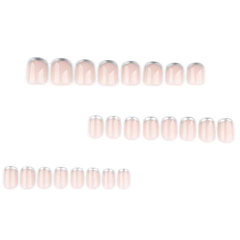 Silber Metallic Französische Press On Nägel Nude Pink Kurz Quadratisch Rund Glänzend Künstliche Falsche Nägel Für Damen