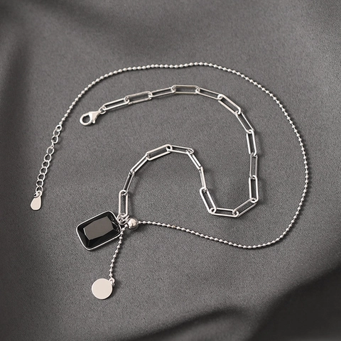 Geometric Black Zirconia Pendant Necklace 925 Sterling Silver Chain Minimalist Square Clavicle Chain For Women Jewelry Gift