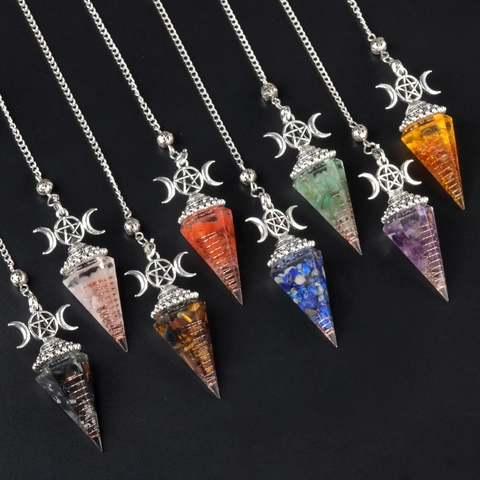 Zeshoekige Kegel Kristallen Pendel Ketting Drievoudige Maan Pentagram Hars Steenslag Koperen Spoel Divinatie Sieraden