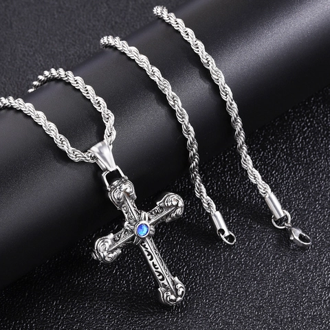 Men Hip Hop Stainless Steel Wolf Tooth Cross Pendant Necklace Vintage Gothic Punk Dragon Head Chain Jewelry Gift For Men