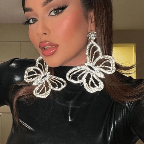 Exaggerated Alloy Rhinestone Butterfly Flower Drop Earrings For Women Western Style Extra Long Hollow Out Statement Jewelry Gift