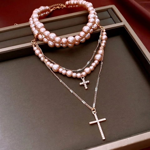 Multi Layer Necklace For Women Retro Luxury Glass Artificial Pearl Alloy Chain With Rhinestone Double Cross Pendants Elegant