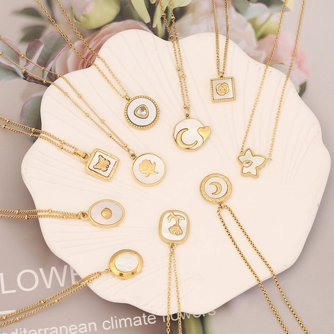 Edelstahl Anhänger Halskette Weißer Muschel Gold Plattiert Rose Schmetterling Mond Stern Herz Schmuck Für Frauen