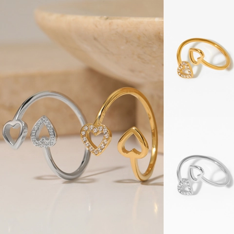 Dubbel Hart Open Verstelbare Ring Roestvrij Staal Met Zirkonia Mode Sieraden Voor Vrouwen