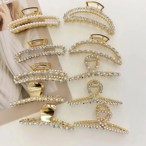 Elegant Hair Claw Clips For Women Large Metal Alloy Nonslip Hair Clamps With Faux Artificial Pearls And Rhinestones Korean Style