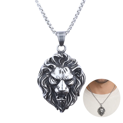 Leeuwenkop Hanger Ketting Roestvrij Staal 3D Leeuwenkoning Dier Punk Rock Vintage Gothiek Sieraden Voor Mannen Met Box Ketting