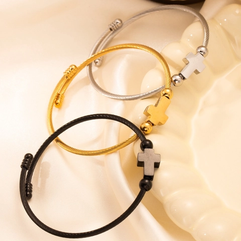 Brazalete Abierto De Acero Inoxidable Con Dije De Cruz Cable Metálico Ajustable Joyería Religiosa Minimalista Unisex