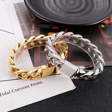 Bracciale A Catena Cubana Da Uomo In Acciaio Inossidabile Lucido Gioielli Hip Hop Stile Street Con Chiusura A Scatola
