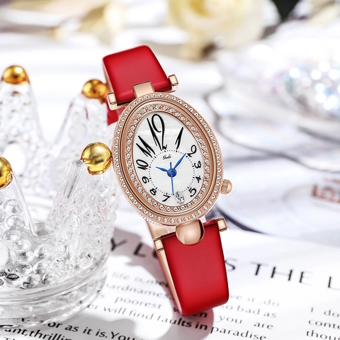 Women Quartz Watch Elegant Oval Rhinestone Alloy Case Leather Strap Artistic Numerals Waterproof Fashion Analog Timepiece