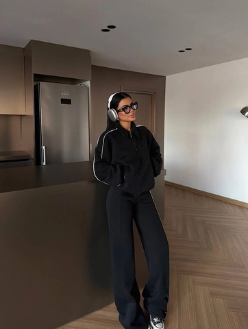 Women Cotton Zip Hoodie And Wide Leg Pants Side Stripe Half Zip Sporty Casual Long Sleeve Sweatshirt Joggers Streetwear