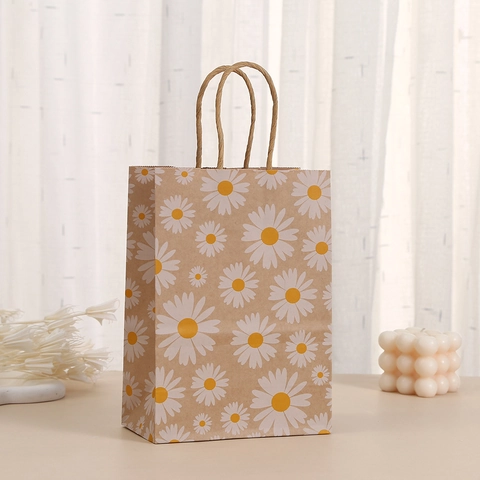 Bolsa De Regalo De Papel Kraft Con Estampado De Margaritas Con Asa Patrón Floral Bolso De Embalaje Para Bodas Cumpleaños Fiestas Compras
