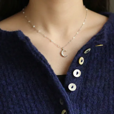 Collana Con Ciondolo A Mezzaluna In Acciaio Al Titanio Con Perle Di Cristallo Azzurro Gioielli Minimalisti Da Donna