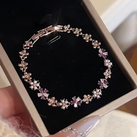 Pulsera De Flor Con Circón Y Perla Artificial De Imitación Tono Oro Rosa Joyería Elegante Para Mujer Accesorio Moda