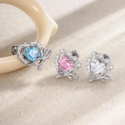 Heart Shape Zircon Bowknot Flat Back Earring Stainless Steel Piercing Jewelry For Women Fashion Cartilage Stud Gift