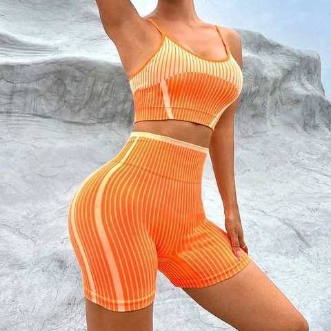 Top Corto Yoga E Pantaloncini Vita Alta Donna Senza Cuciture A Costine Fitness Corsa Palestra Sport Nylon Spandex Arancione