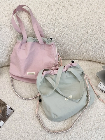 Borsa Tote Da Donna In Nylon A Contrasto Con Chiusura A Coulisse E Tracolla Intrecciata Capiente Stile Casual
