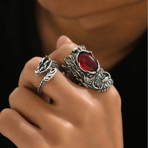 Herren Gothic Punk Ringe Legierung Totenkopf Evil Eye Drache Verstellbar Offen Vintage Silber Ton Accessoire