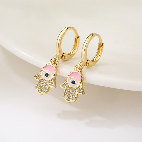 Boucles D'oreilles Main De Fatma Mauvais Oeil Cuivre Plaqué Or 18K Émail Zircon Inlaid Bijoux Vintage Pour Femmes