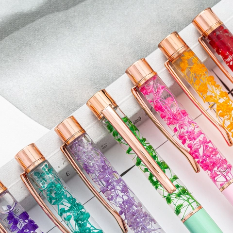 Herbarium Ballpoint Pen Metal Oil Filled Dried Flower Floating Floral Stationery Elegant Gift Rose Gold Accents