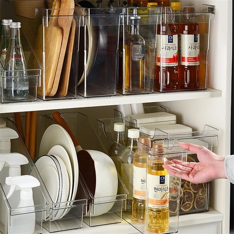 Contenitore Organizer Per Mobili Da Cucina Trasparente PET Scatola Di Immagazzinaggio Con Ruote E Maniglia Per Spezie Coperchio Pentola