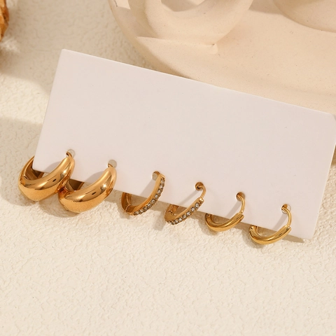18K Gold Plated Stainless Steel Hoop Earrings For Women Minimalist Fashion Geometric Round Ear Jewelry Rhinestone Accents