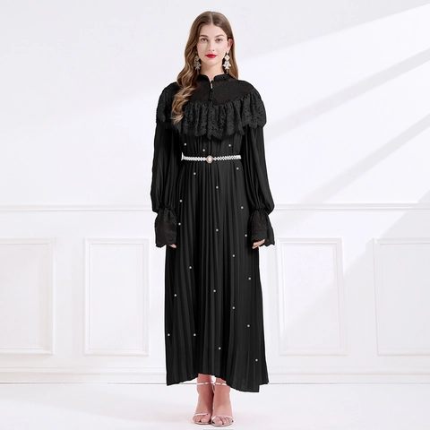 Vestito Maxi Elegante Con Patchwork Di Pizzo E Gonna Pieghettata Manica Lunga Collo Alto Cintura Di Künstliche Perle Poliestere