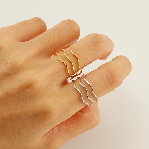 Geometrische Golvende Lijn Roestvrijstalen Ring 3-Laags Minimalistisch Verstelbaar Open Goud Zilveren Sieraden Voor Vrouwen